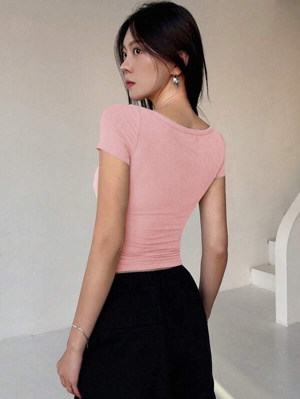 Women's button-down ribbed knit T-shirt, preppy top, cute top