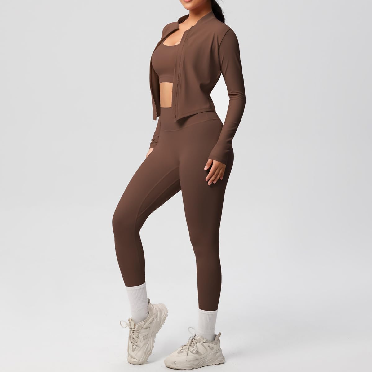 3 Piece Workout Sets for Women Brushed Sports Bra Jacket and Leggings 3 Piece Workout Sets for Women Brushed Sports Bra Jacket and Leggings