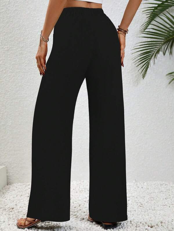 Women's Solid Color Belt Pocket Loose Wide Leg Casual Pants