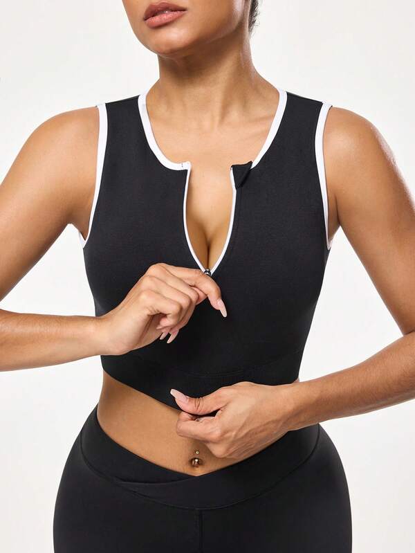 One Piece Women's Seamless High Stretch Contrast Piping Zipper Sleeveless Backless Athletic Tank Top for Fitness, Running, Tennis and Other Sports