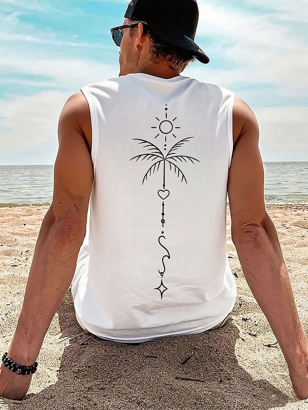 Men's casual coconut print crew neck vest, summer