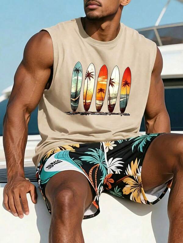 Men's summer printed crew neck casual vest