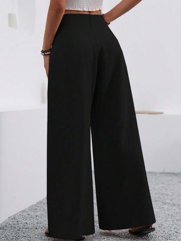 Solid color loose wide leg elegant pocket pants Solid color loose wide leg elegant pocket pants
