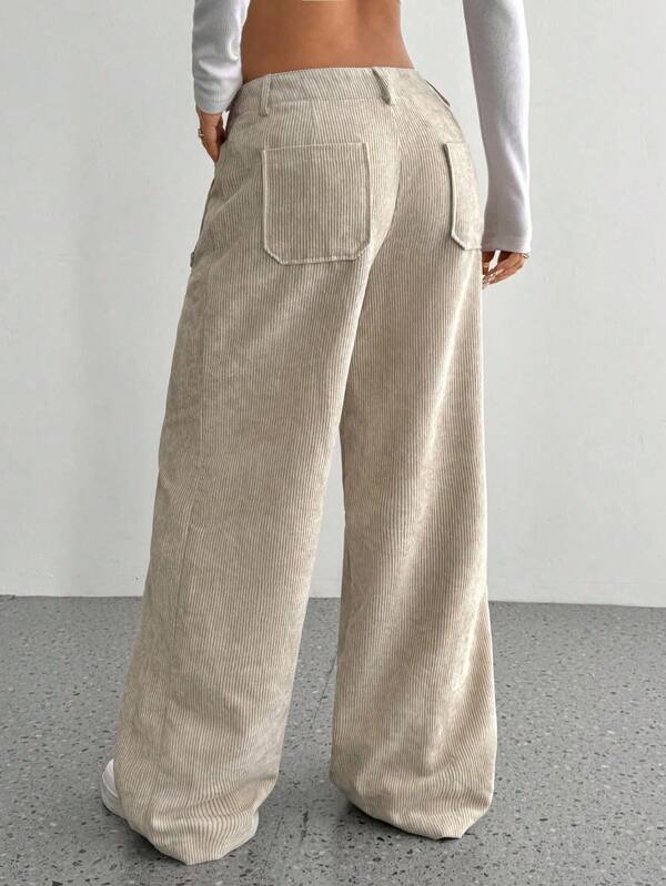 Solid color front button pocket simple corduroy loose straight pants Solid color front button pocket simple corduroy loose straight pants