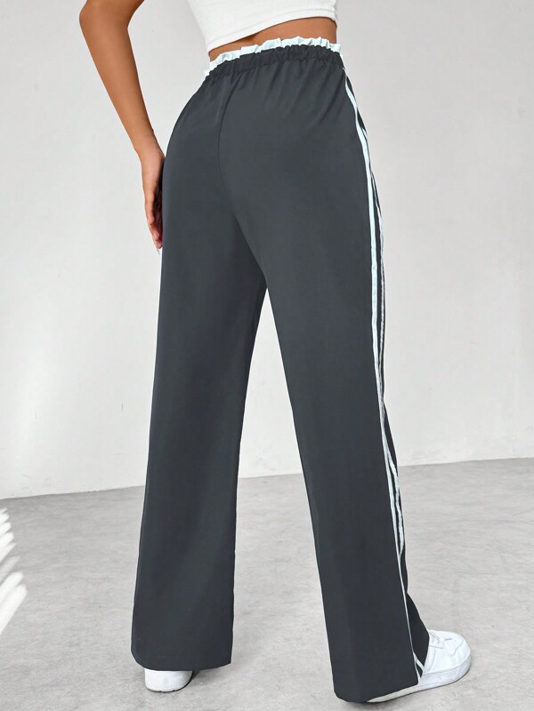 Color block striped paper bag waist straight casual pants