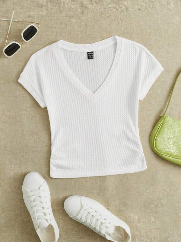Plain ribbed knitted short T-shirt