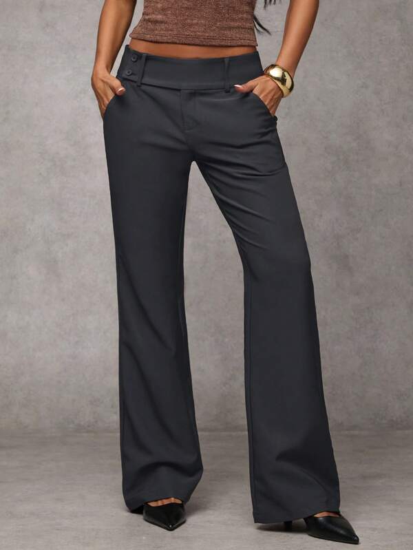 Women's Solid Color Button Waist Pocket Casual Flare Pants