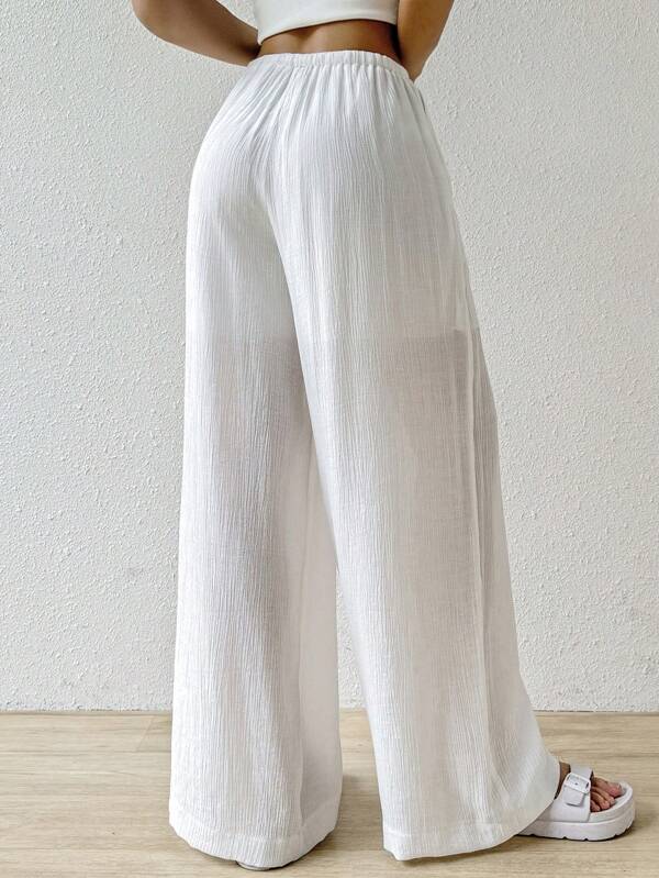 Women's solid color waist tie trousers