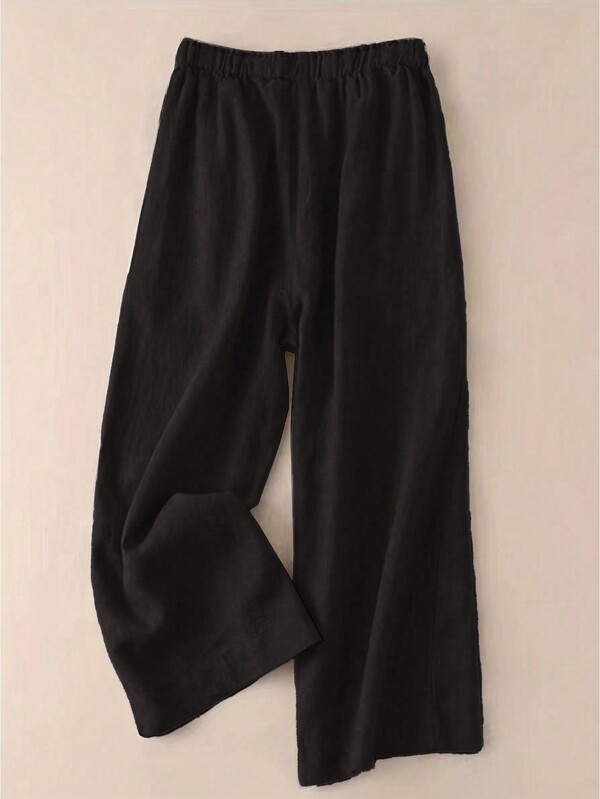 Versatile linen wide-leg cropped trousers, high-waisted elastic waistband, slim and elegant casual pants for women, black Versatile linen wide-leg cropped trousers, high-waisted elastic waistband, slim and elegant casual pants for women, black