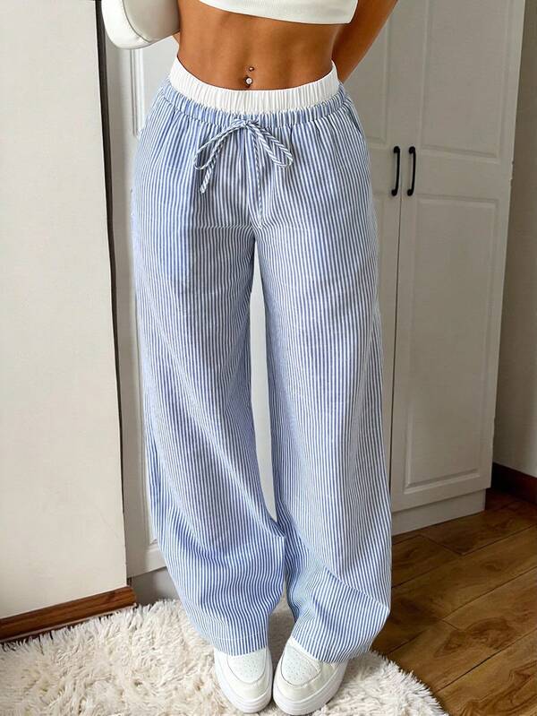 Women's blue striped fabric wide trousers, loose fit casual trousers Women's blue striped fabric wide trousers, loose fit casual trousers