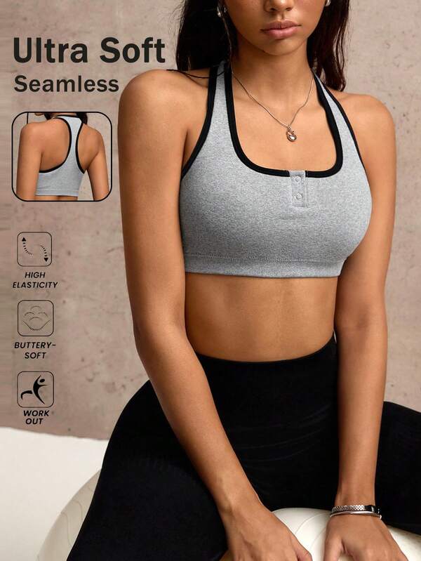 Seamless women's sports bra with removable pads and hook design for running, yoga, workouts