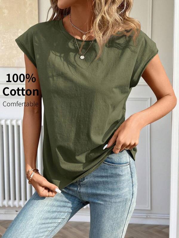 Women's solid color round neck batwing short sleeve casual T-shirt, summer, casual