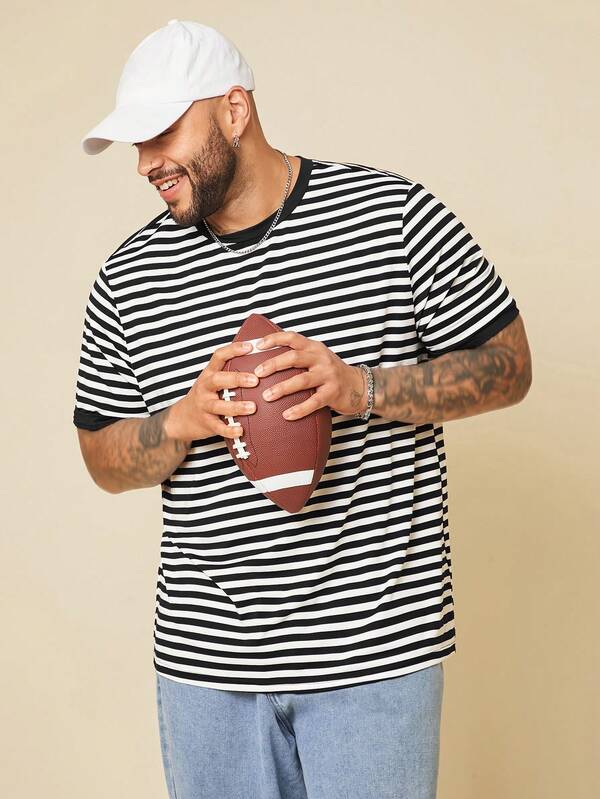 Plus size men's casual striped knitted crew neck short sleeve t-shirt for summer Plus size men's casual striped knitted crew neck short sleeve t-shirt for summer
