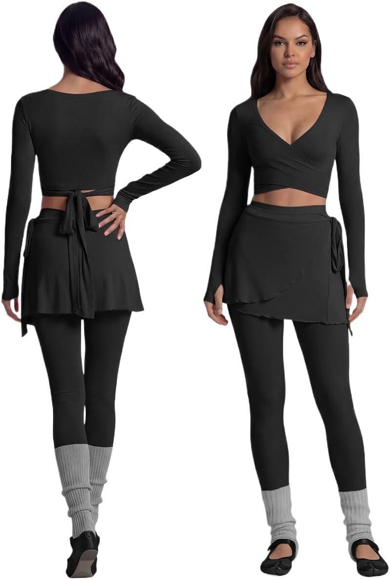 Workout Yoga Sets for Women Long Sleeve Wrap Top and Leggings with Tie Skirt Workout Yoga Sets for Women Long Sleeve Wrap Top and Leggings with Tie Skirt