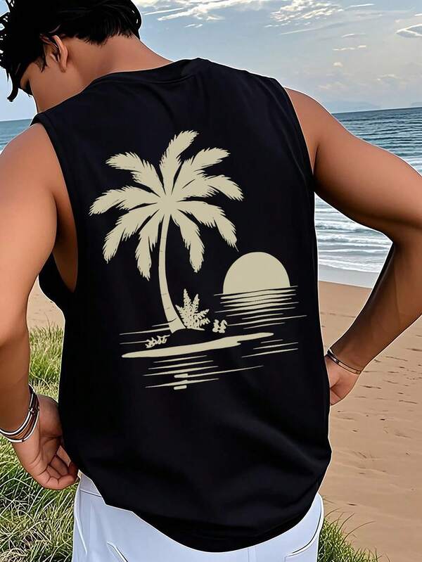 Men's Casual Coconut Sun Print Crew Neck Tank Top, Summer Men's Casual Coconut Sun Print Crew Neck Tank Top, Summer
