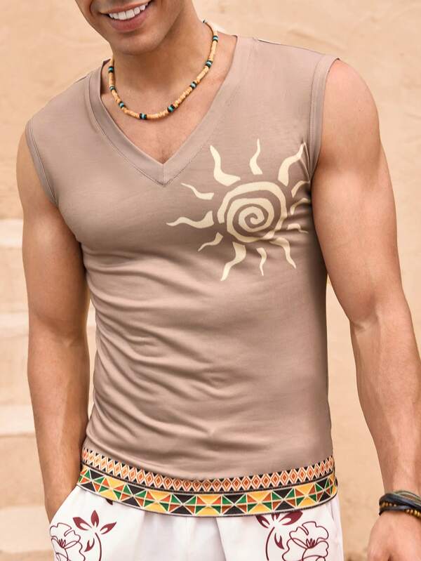 Men's casual geometric print slim fit knit top for summer Men's casual geometric print slim fit knit top for summer