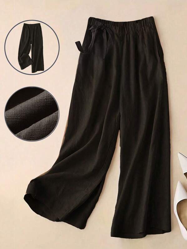 Versatile linen wide-leg cropped trousers, high-waisted elastic waistband, slim and elegant casual pants for women, black Versatile linen wide-leg cropped trousers, high-waisted elastic waistband, slim and elegant casual pants for women, black