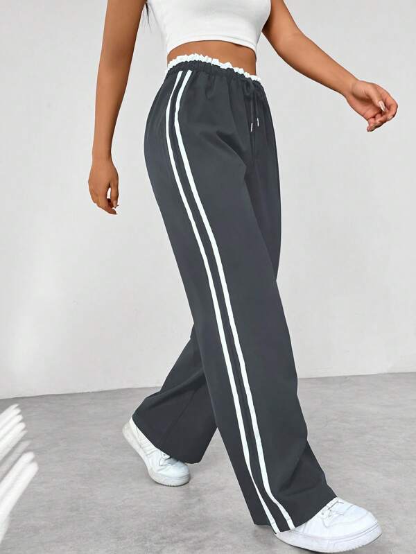 Color block striped paper bag waist straight casual pants