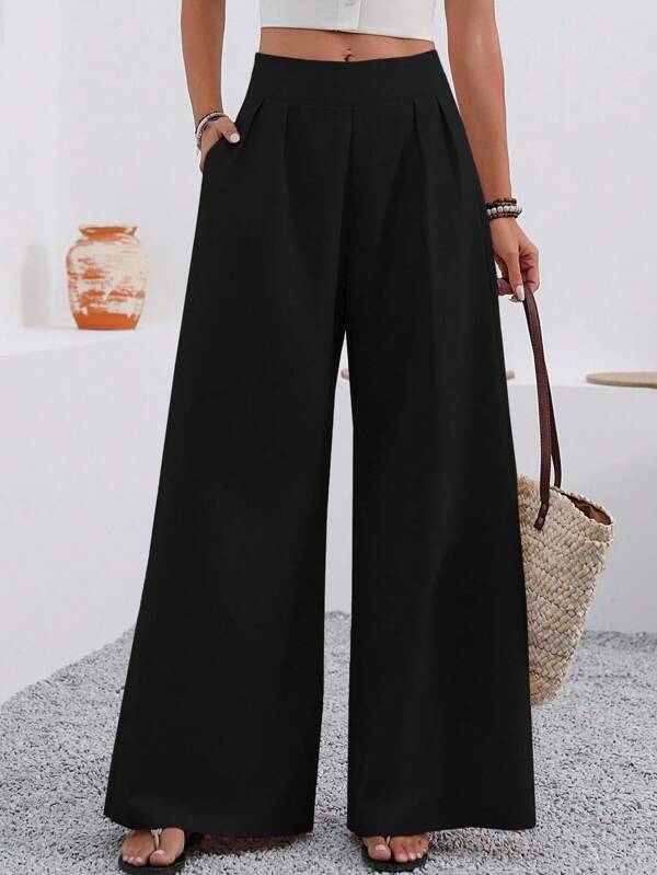 Solid color loose wide leg elegant pocket pants