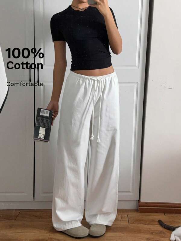 White Women's Braided Drawstring Waist Straight Leg Loose Casual Pants White Women's Braided Drawstring Waist Straight Leg Loose Casual Pants
