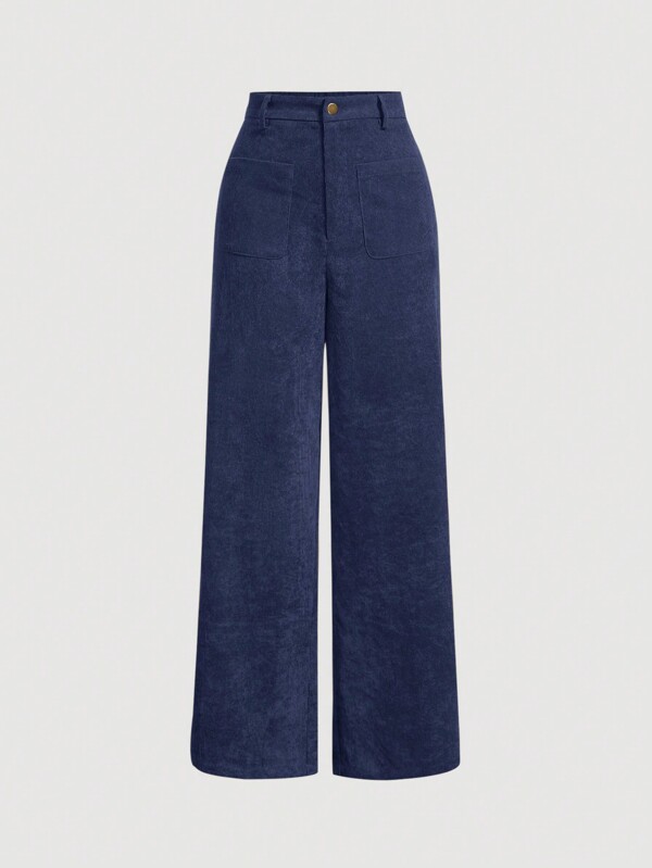 Solid color straight blue patch pocket pants