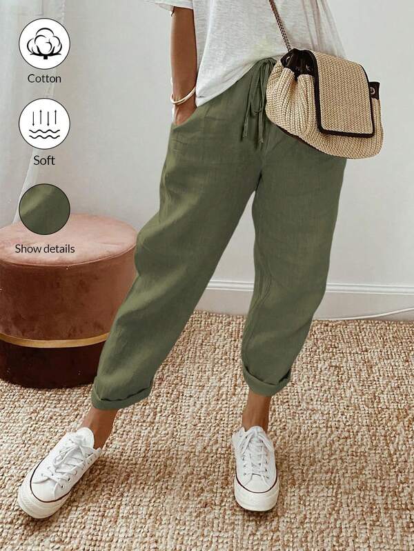 Women's simple solid color casual slim fit cropped pants, women's spring and autumn casual drawstring, natural pocket jogging three-quarter green cotton regular fit women's pants, casual daily wear Women's simple solid color casual slim fit cropped pants, women's spring and autumn casual drawstring, natural pocket jogging three-quarter green cotton regular fit women's pants, casual daily wear