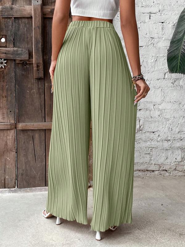 Plain pleated wide-leg pants