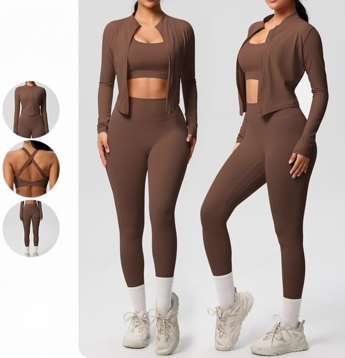 3 Piece Workout Sets for Women Brushed Sports Bra Jacket and Leggings 3 Piece Workout Sets for Women Brushed Sports Bra Jacket and Leggings