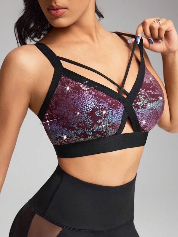 Women's Snake Skin Print Criss-Cross Design Everyday Fitness Sports Bra, Stylish, Sexy, High Stretch, Glittery, Shiny Sports Bra for Gym, Lounge, and Night Out