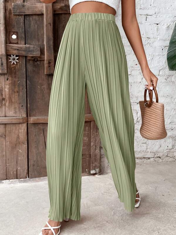 Plain pleated wide-leg pants