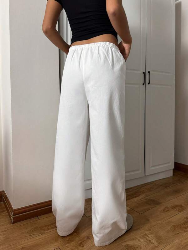 White Women's Braided Drawstring Waist Straight Leg Loose Casual Pants White Women's Braided Drawstring Waist Straight Leg Loose Casual Pants