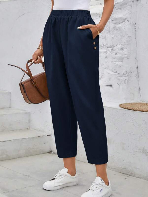 Women's casual trousers with elastic waistband and pockets, summer trousers