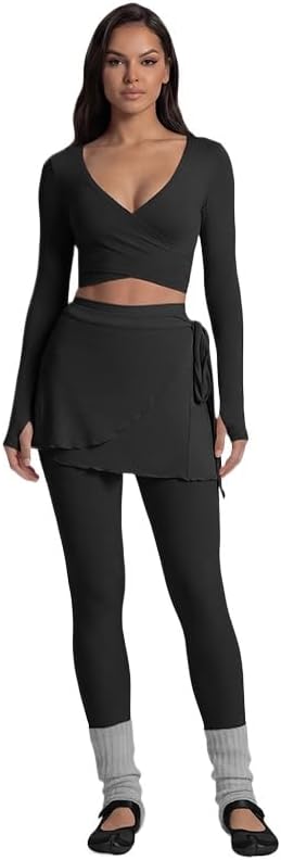 Workout Yoga Sets for Women Long Sleeve Wrap Top and Leggings with Tie Skirt