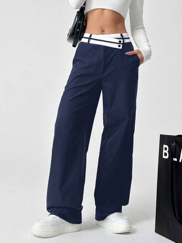 Women's patchwork color asymmetric waist straight leg track pants with pockets Women's patchwork color asymmetric waist straight leg track pants with pockets