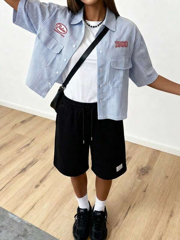 Men's letter patchwork drawstring waist shorts, couple wear Men's letter patchwork drawstring waist shorts, couple wear