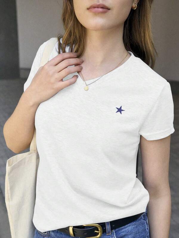 Women's Casual Star Print V-Neck Short Sleeve T-Shirt for Summer