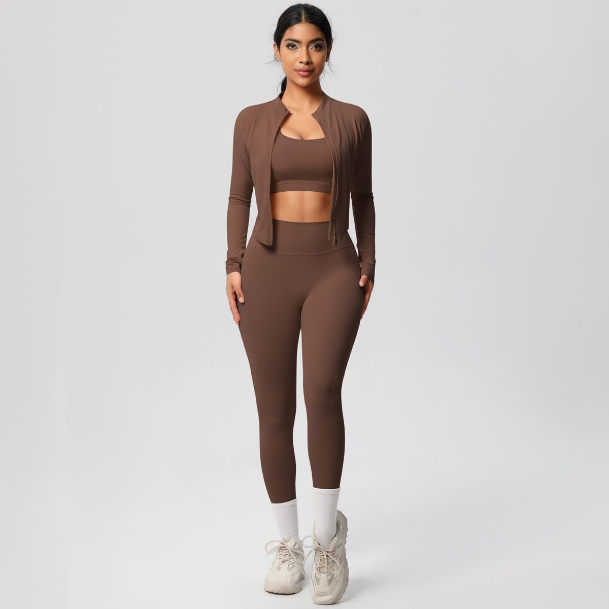 3 Piece Workout Sets for Women Brushed Sports Bra Jacket and Leggings 3 Piece Workout Sets for Women Brushed Sports Bra Jacket and Leggings