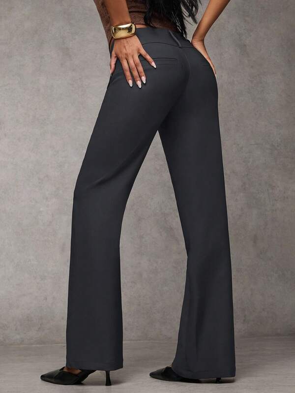 Women's Solid Color Button Waist Pocket Casual Flare Pants Women's Solid Color Button Waist Pocket Casual Flare Pants