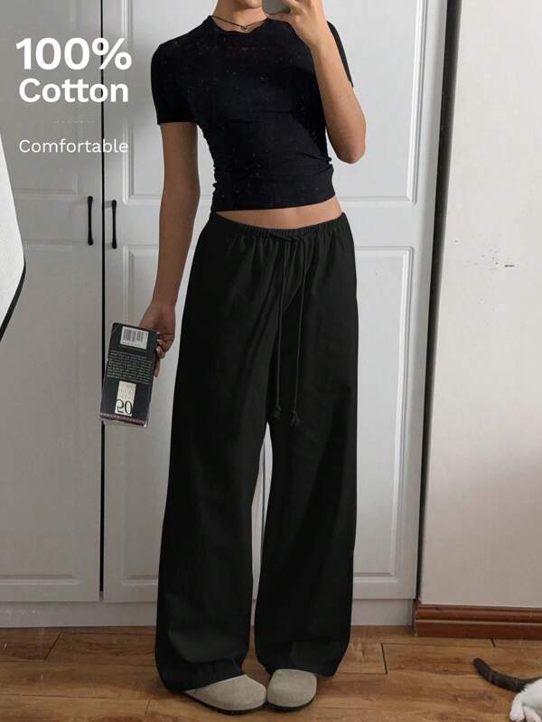 Women's Black Woven Casual Wide Leg Pants