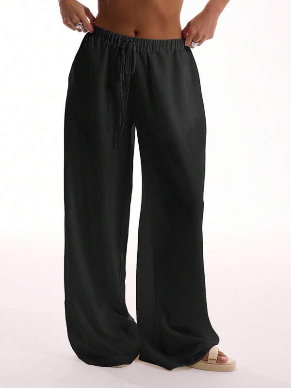 Linen texture lace-up waist pants, suitable for vacation, summer, elegant beachwear, bohemian casual style, airport casual style, spring holiday Linen texture lace-up waist pants, suitable for vacation, summer, elegant beachwear, bohemian casual style, airport casual style, spring holiday