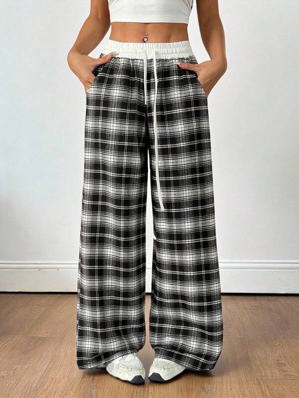Women's four-season basic daily casual street plaid color-blocked low-waisted loose plaid wide-leg pants, autumn women's clothing