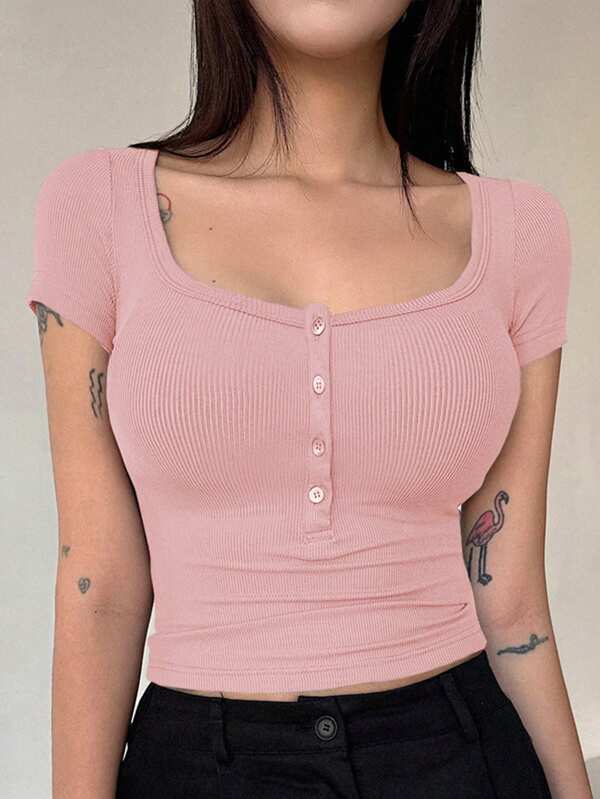 Women's button-down ribbed knit T-shirt, preppy top, cute top