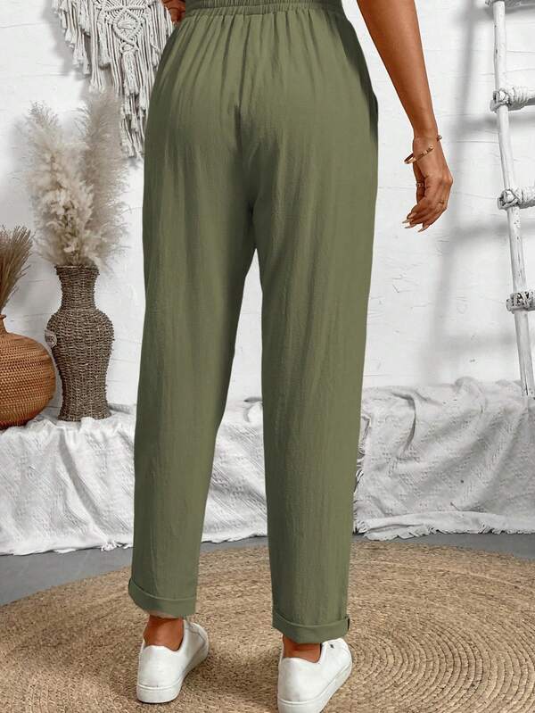 Women's simple solid color casual slim fit cropped pants, women's spring and autumn casual drawstring, natural pocket jogging three-quarter green cotton regular fit women's pants, casual daily wear Women's simple solid color casual slim fit cropped pants, women's spring and autumn casual drawstring, natural pocket jogging three-quarter green cotton regular fit women's pants, casual daily wear