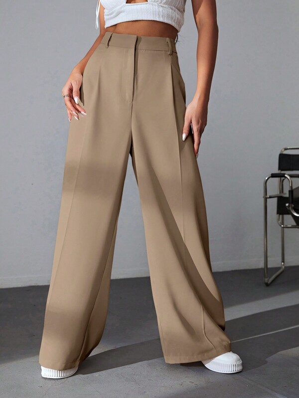 Khaki solid color wide pants