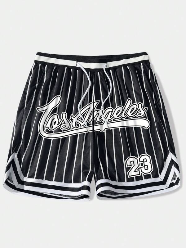 Men's Striped Monogram Drawstring Waist Mesh Basketball Shorts