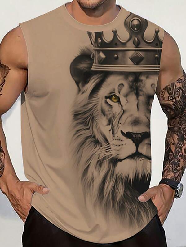 Men's casual lion print crew neck vest lion top, vacation style