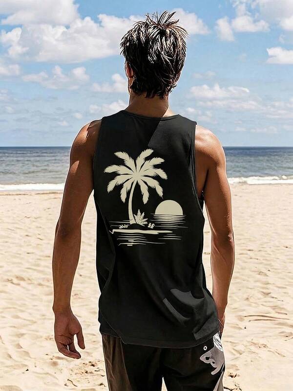 Men's Casual Coconut Sun Print Crew Neck Tank Top, Summer