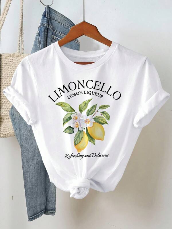 Women's summer letter fruit print round neck short-sleeved casual T-shirt Refreshing and delicious pattern T-shirt for women Women's summer letter fruit print round neck short-sleeved casual T-shirt Refreshing and delicious pattern T-shirt for women