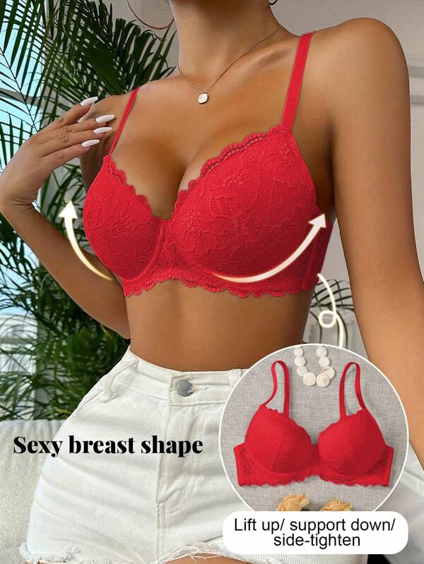 Peach girl red lace sexy girly bra, pleated comfortable adjustable strap bra
