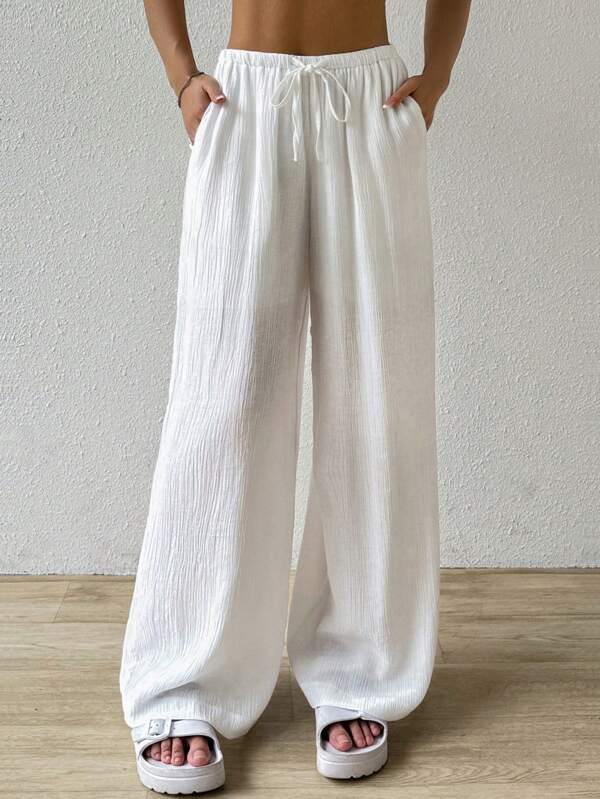 Women's solid color waist tie trousers